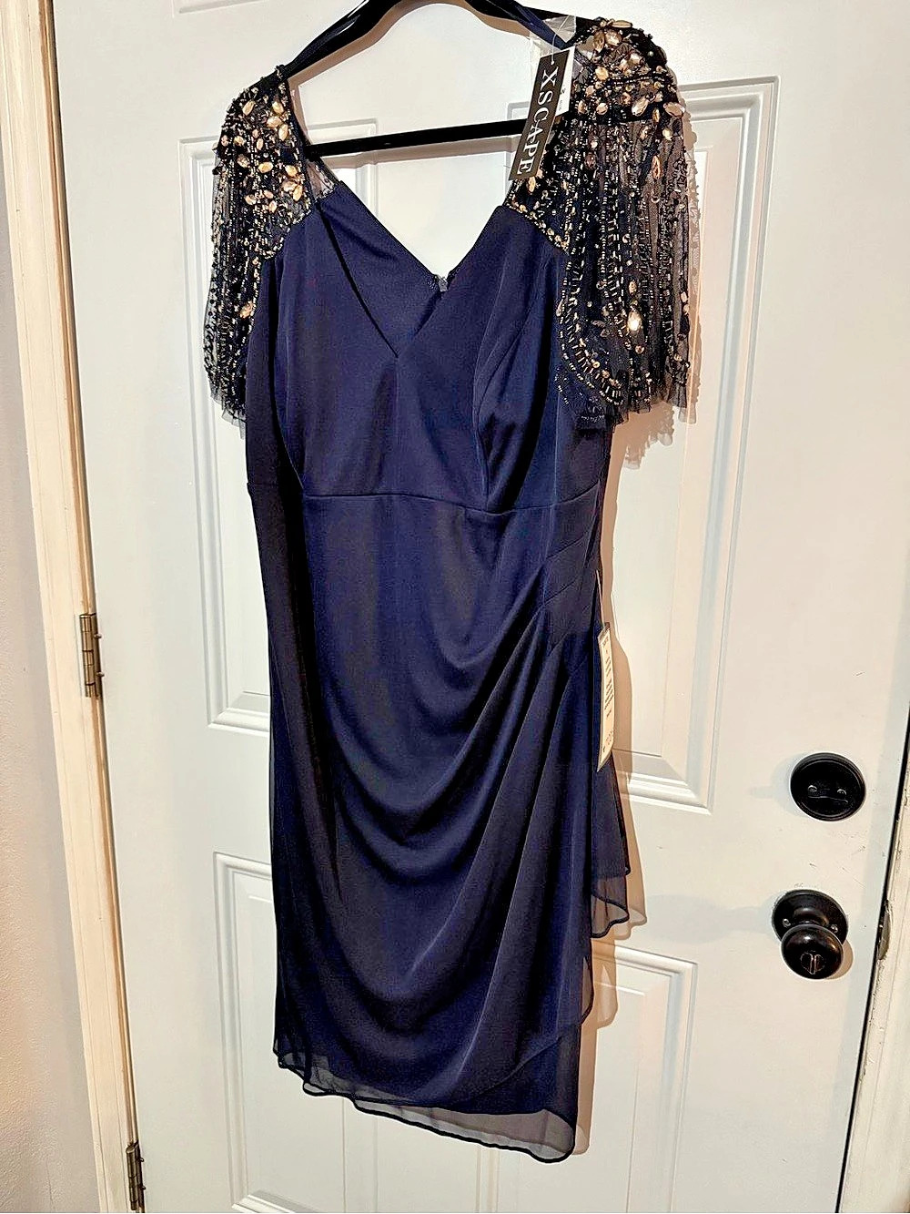 Xscape Beaded Short Sleeve Ruched Column Gown Black